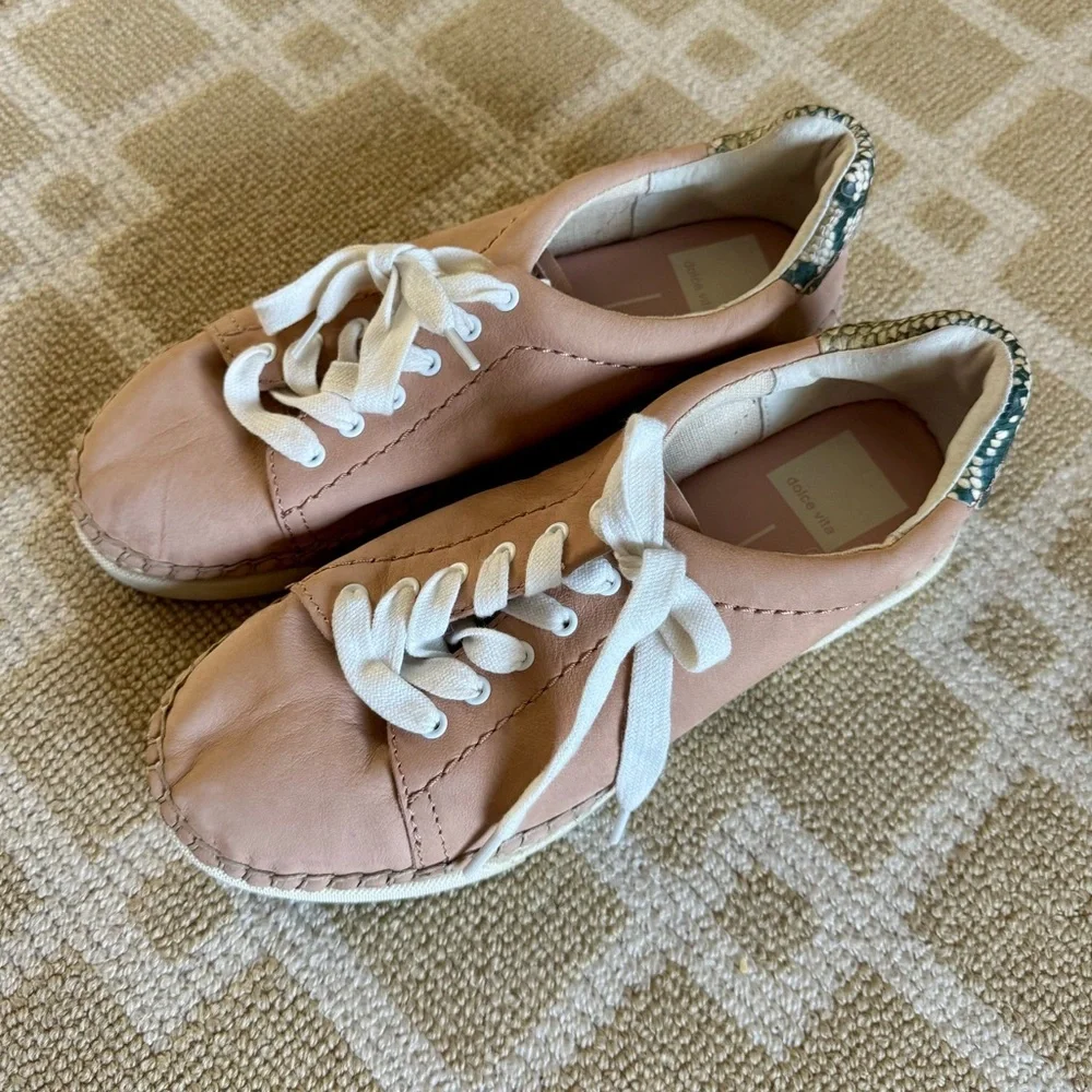 Dolce Vita Blush Pink Leather Espadrille Lace Up Sneakers Snakeskin Detail 6.5